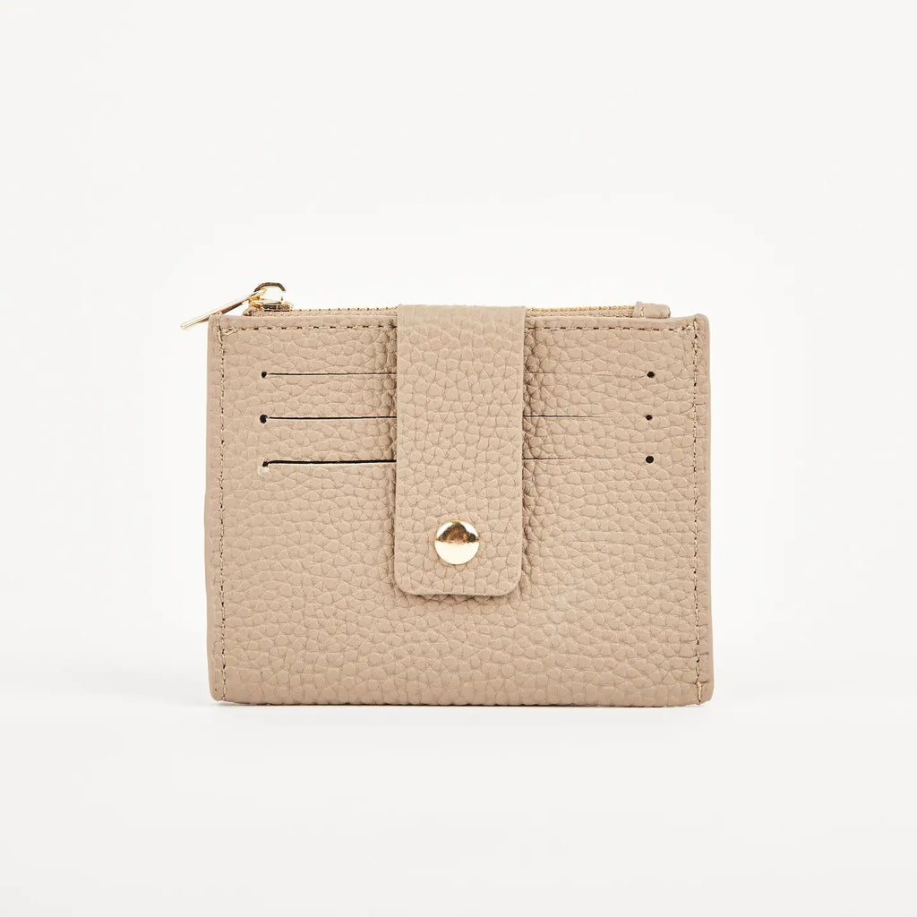 Mink Pearl Duo purse with front card slots, a press-stud security tab and gold-tone zip