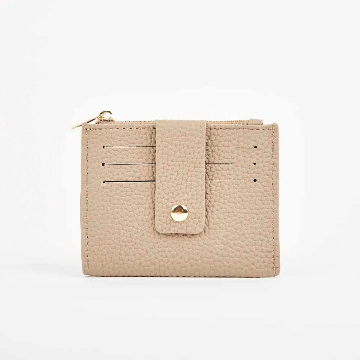 Mink Pearl Duo purse with front card slots, a press-stud security tab and gold-tone zip