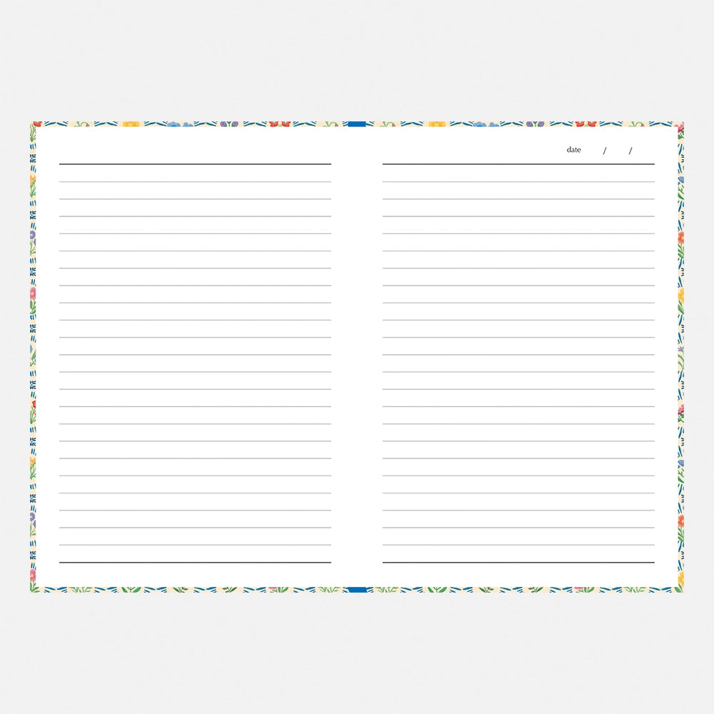 A lined writing pad or planner page with a colorful patterned border, shown on a light gray background.
