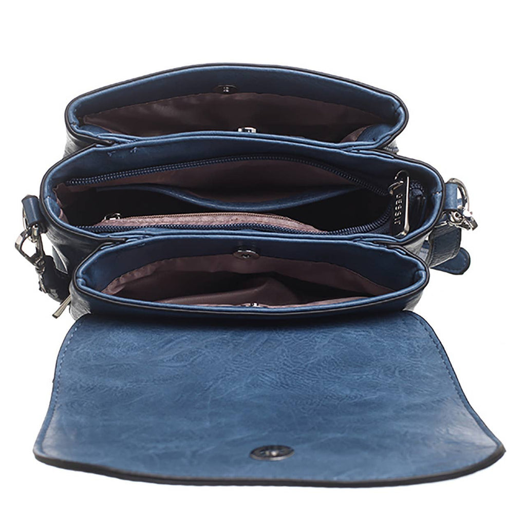 Open blue crossbody bag showing three lined compartments and a zipped centre section