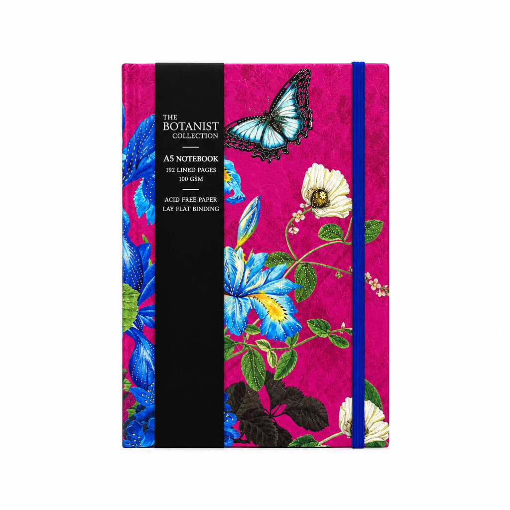Botanist Collection A5 hardback notebook with a magenta floral and butterfly cover, blue elastic closure and black label band, on a white background