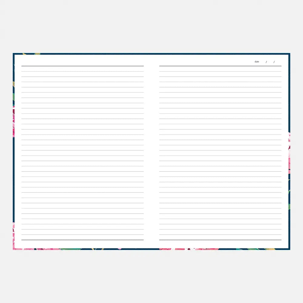A lined notebook page with two columns of writing space, framed by a navy blue border with a colorful floral pattern along the bottom and sides, shown on a light gray background.