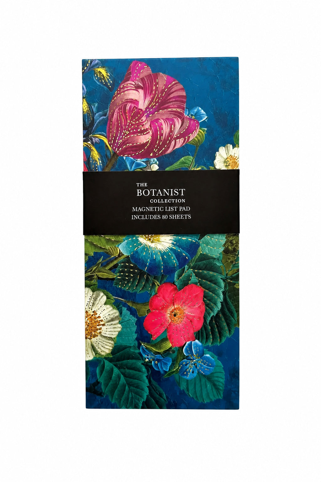 A tall rectangular botanical magnetic list pad from The Botanist Collection, featuring a dark blue background with vibrant pink, red, and white flowers and green leaves, wrapped in a black paper band with white text.