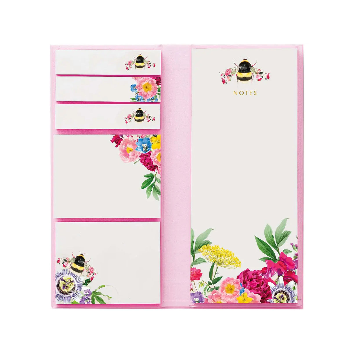 Set of floral notepads with bee designs on a white background