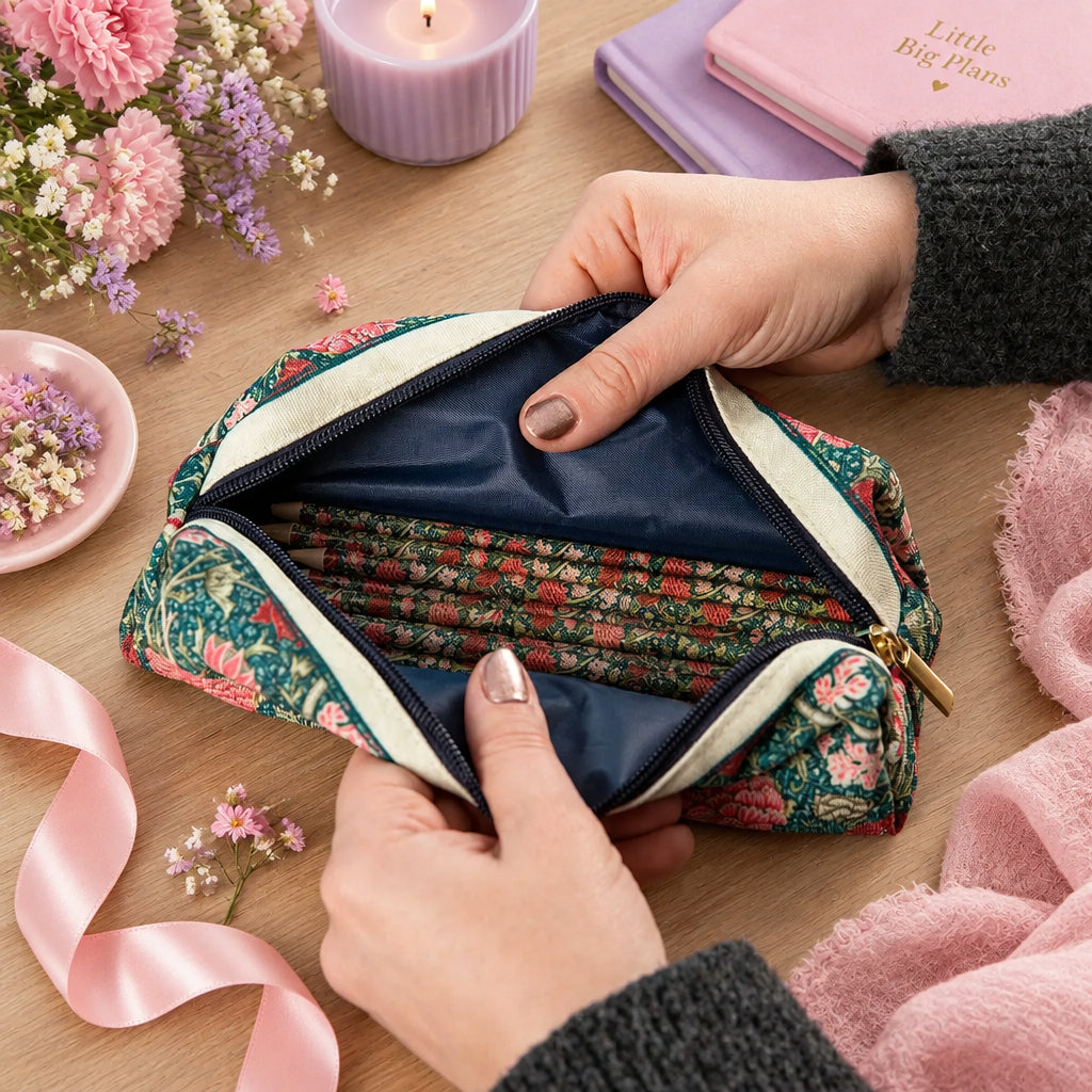 Open heritage floral sage canvas pencil case.