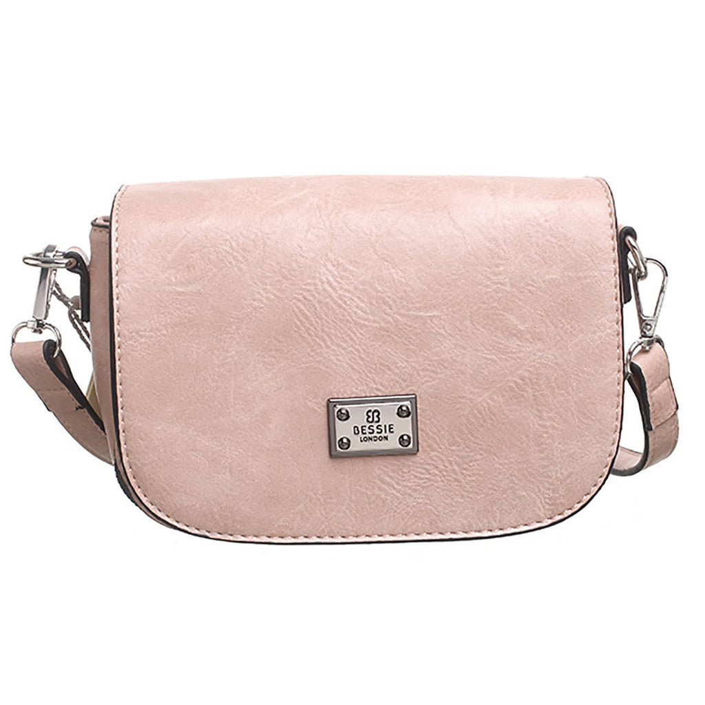 Pink crossbody bag with a flap-over front and silver-tone plaque