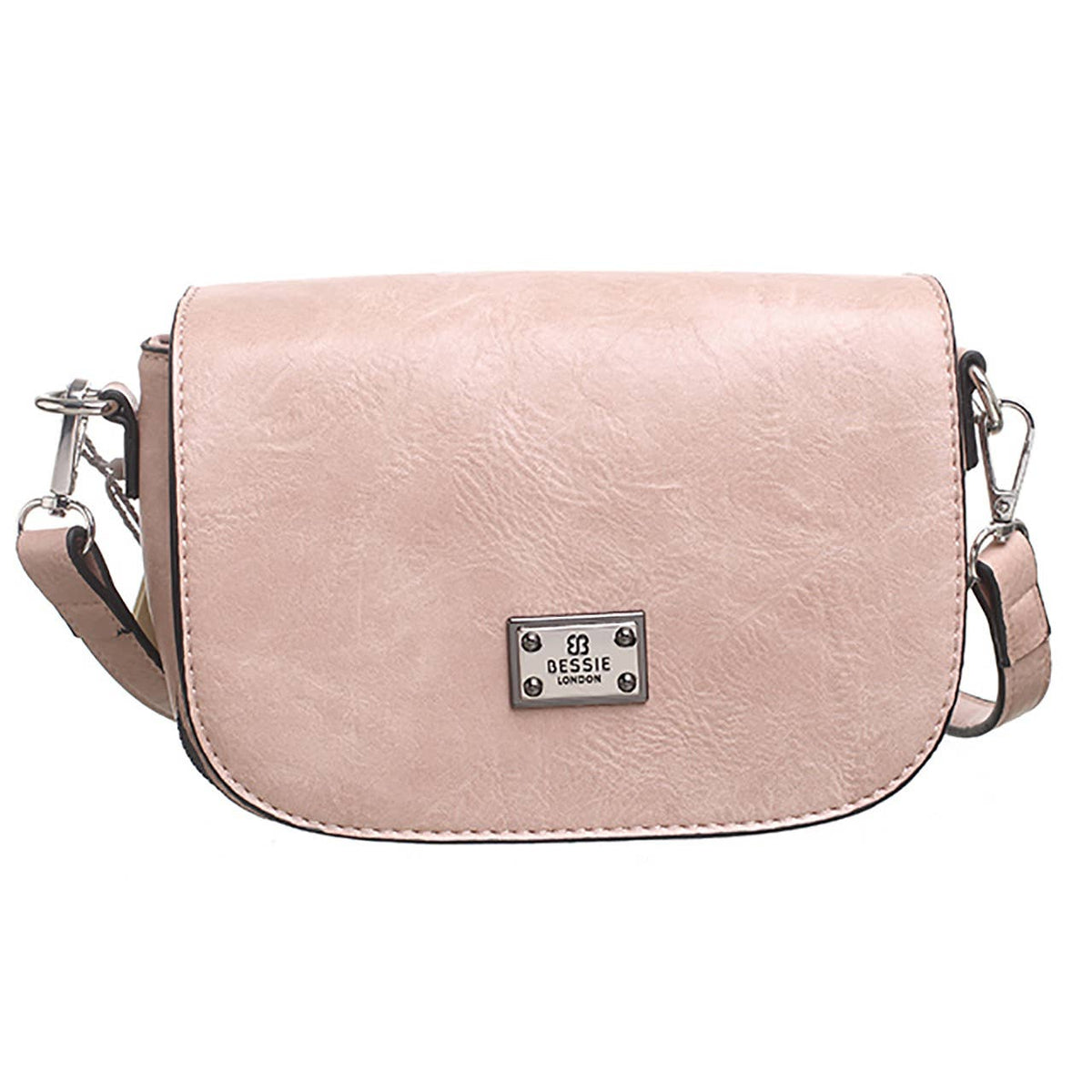 Pink crossbody bag with a flap-over front and silver-tone plaque