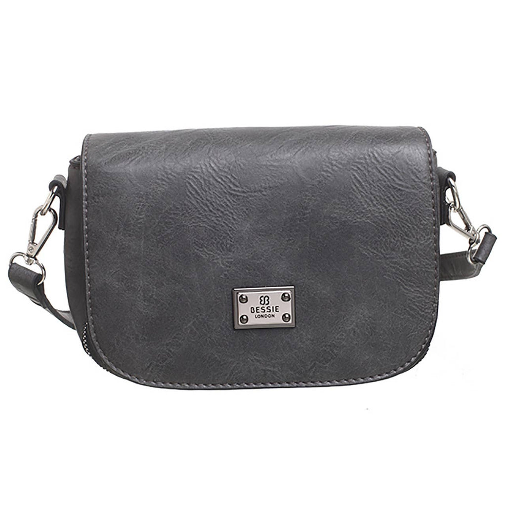 Grey crossbody bag with a flap-over front and silver-tone plaqueplaque