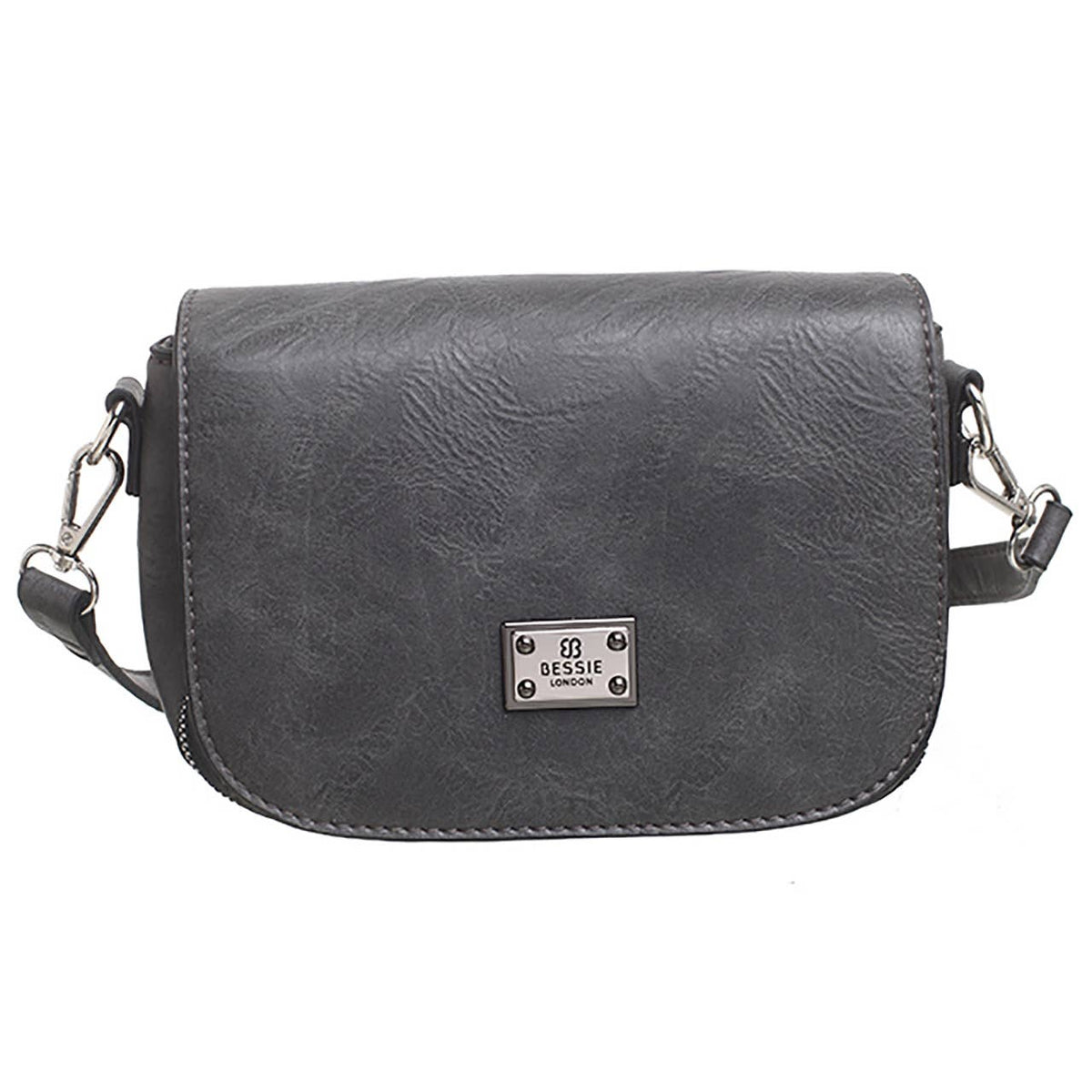 Grey crossbody bag with a flap-over front and silver-tone plaqueplaque