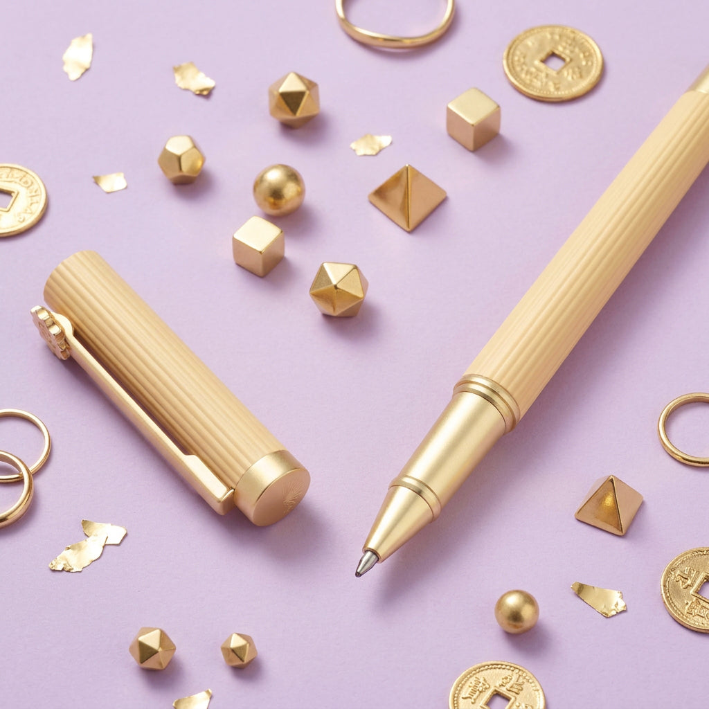 Gold pen and cap on lilac desk with gold accessories