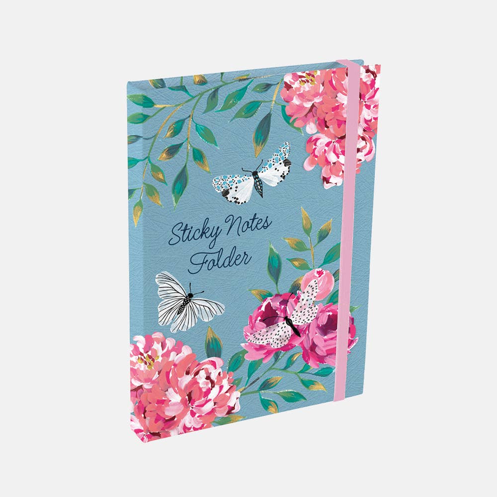 Sticky notes folder with floral design and butterflies on a light blue background